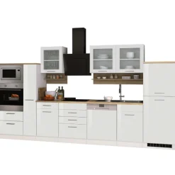 Küchenzeile Ragnar 370cm mit Backofen, Mikrowelle, Geschirrspüler und Kühlschrank - hochglänzend weiß