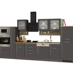 Küchenzeile Ragnar 370cm mit Backofen, Mikrowelle, Geschirrspüler und Kühlschrank - anthrazit hochglanz