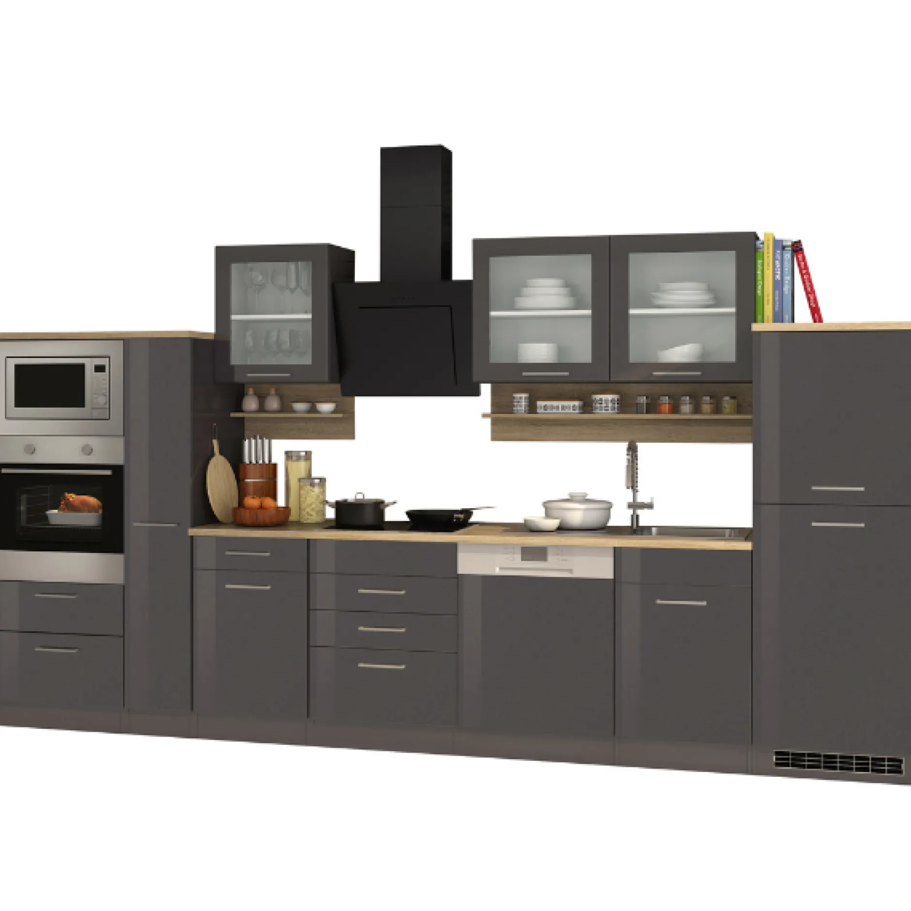 Küchenzeile Ragnar 370cm mit Backofen, Mikrowelle, Geschirrspüler und Kühlschrank - anthrazit hochglanz