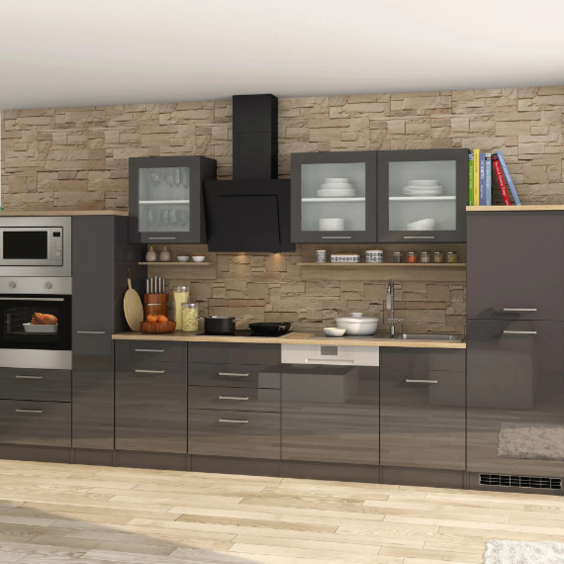 Küchenzeile Ragnar 370cm mit Backofen, Mikrowelle, Geschirrspüler und Kühlschrank - anthrazit hochglanz