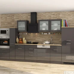 Küchenzeile Ragnar 370cm mit Backofen, Mikrowelle, Geschirrspüler und Kühlschrank - anthrazit hochglanz