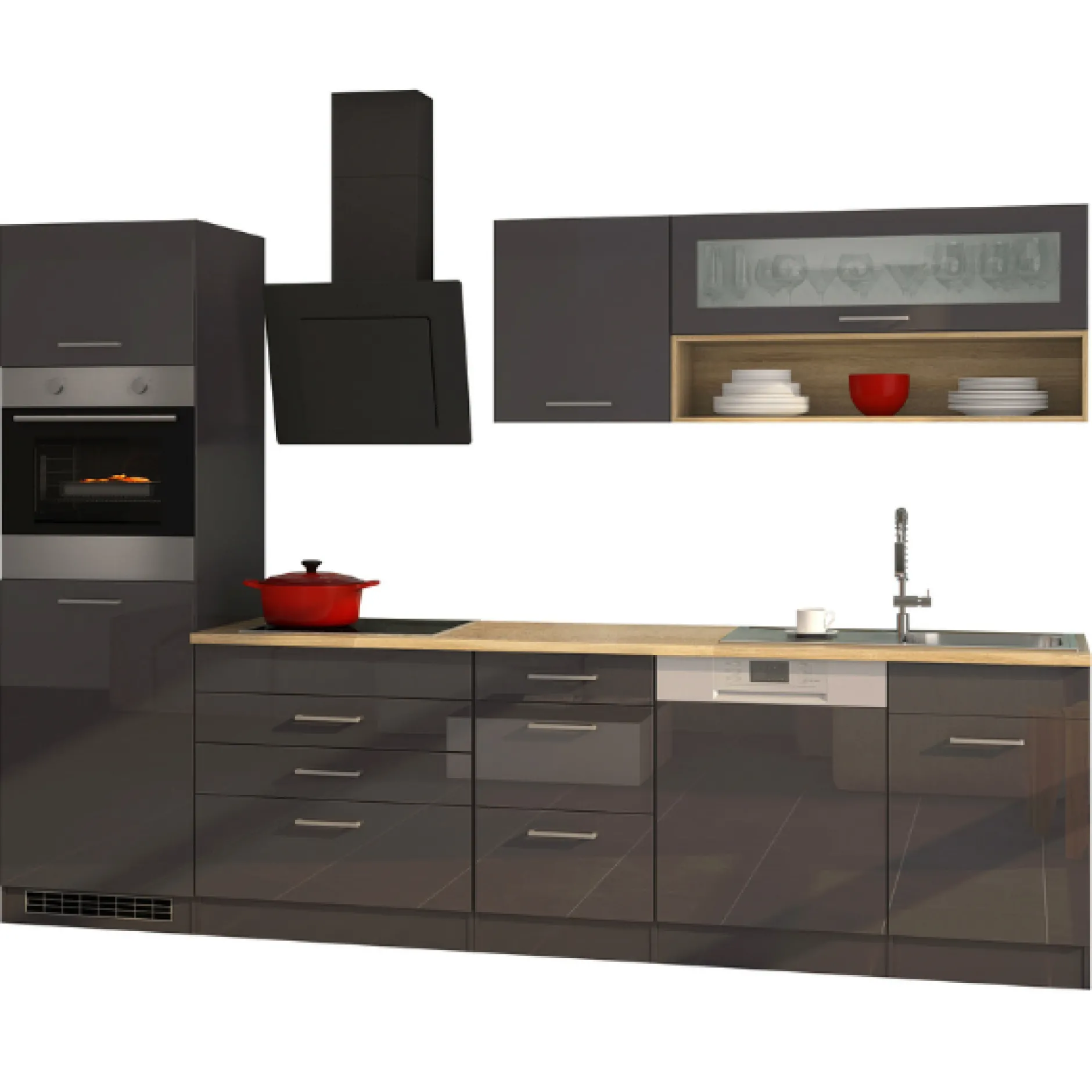 Küchenzeile Ragnar 300cm mit Geschirrspüler, Backofen und Kühlschrank - Hochglanz anthrazit