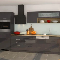 Küchenzeile Ragnar 300cm mit Geschirrspüler, Backofen und Kühlschrank - Hochglanz anthrazit