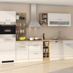 Küchenzeile Ragnar 310cm mit Geschirrspüler, Backofen und Kühlschrank - hochglänzend weiß