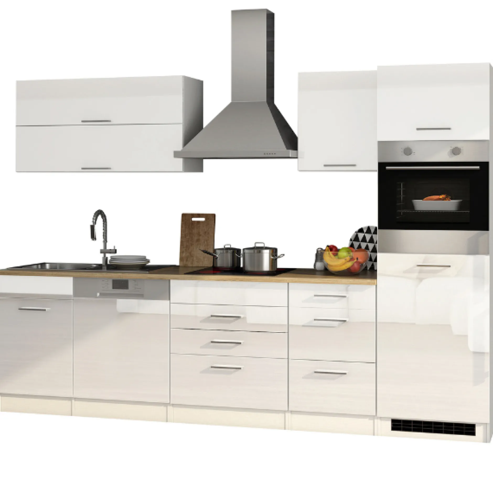 Küchenzeile Ragnar 300cm mit Geschirrspüler und Backofen - Hochglanz weiß