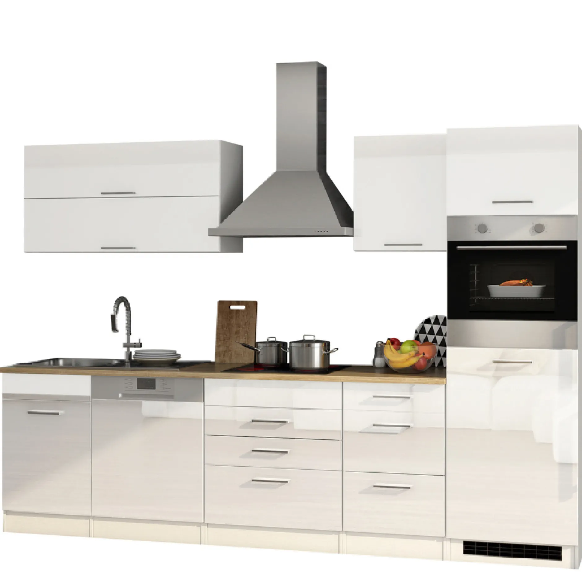 Küchenzeile Ragnar 300cm mit Geschirrspüler und Backofen - Hochglanz weiß