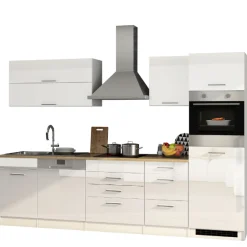 Küchenzeile Ragnar 300cm mit Geschirrspüler, Kühlschrank und Backofen - hochglänzend weiß