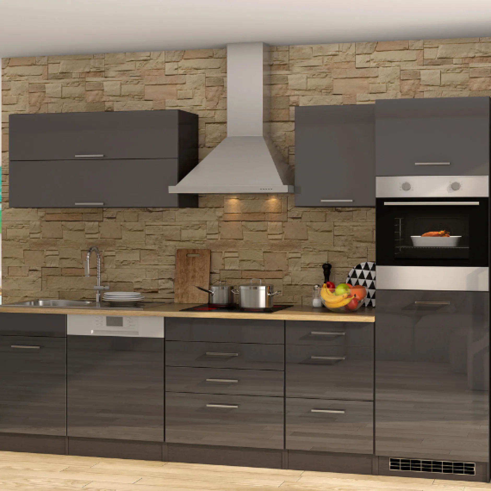 Küchenzeile Ragnar 300cm mit Geschirrspüler, Kühlschrank und Backofen - Hochglanz anthrazit
