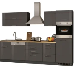 Küchenzeile Ragnar 300cm mit Geschirrspüler, Kühlschrank und Backofen - Hochglanz anthrazit