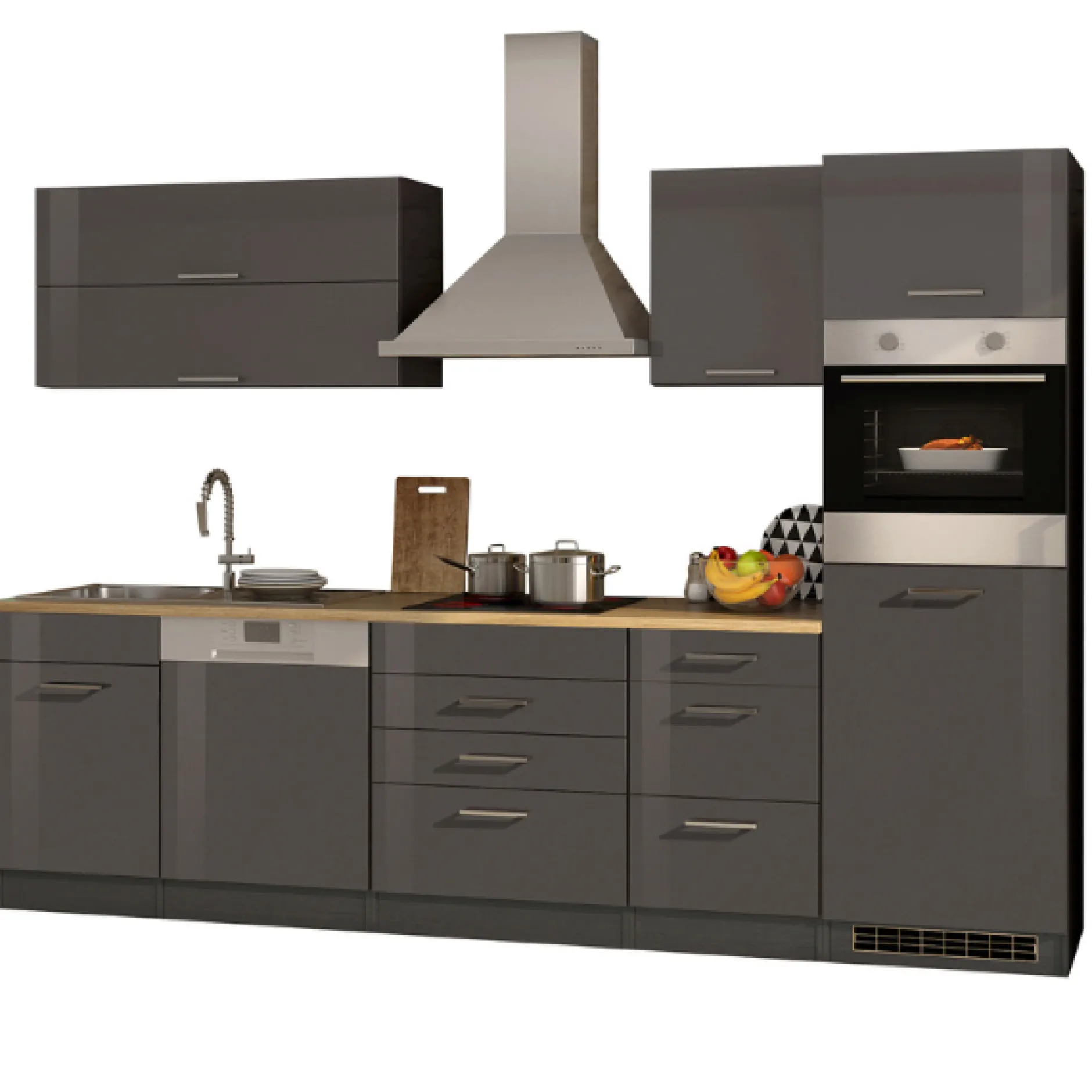 Küchenzeile Ragnar 300cm mit Geschirrspüler, Kühlschrank und Backofen - Hochglanz anthrazit