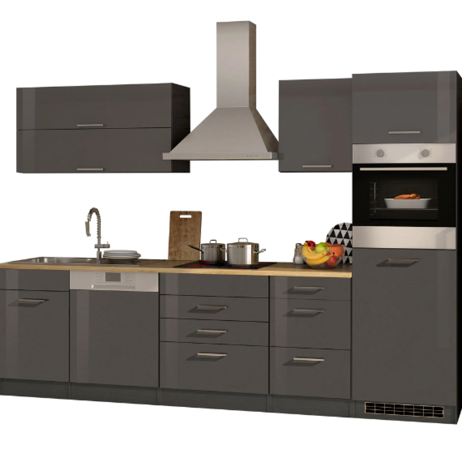Küchenzeile Ragnar 300cm mit Geschirrspüler, Kühlschrank und Backofen - Hochglanz anthrazit