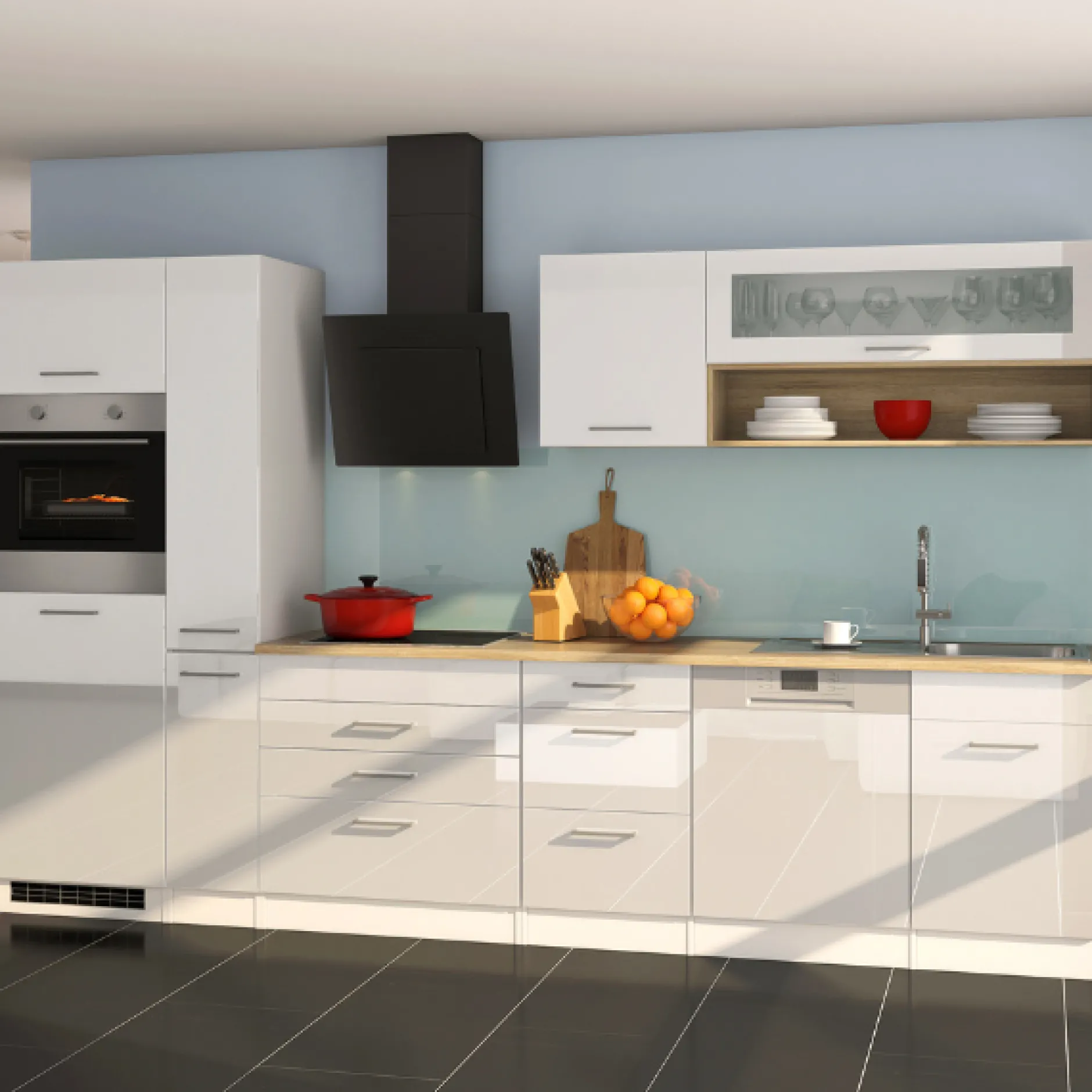 Küchenzeile Ragnar 330cm mit Geschirrspüler, Backofen und Kühlschrank - hochglänzend weiß