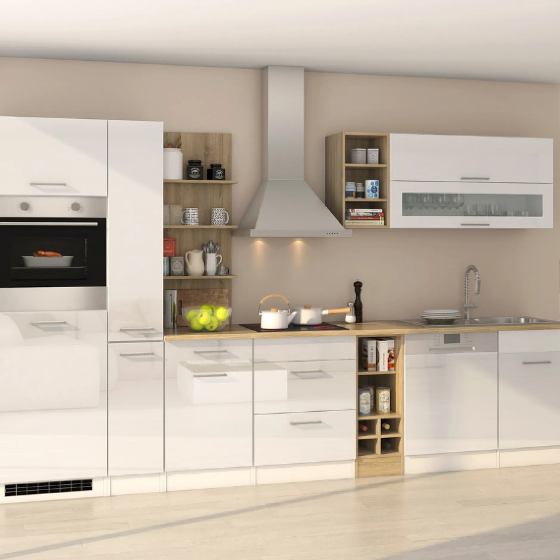 Küchenzeile Ragnar 340cm mit Geschirrspüler, Backofen und Kühlschrank - hochglänzend weiß