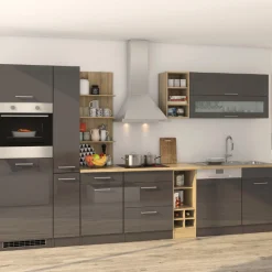 Küchenzeile Ragnar 340cm mit Geschirrspüler, Backofen und Kühlschrank - Hochglanz anthrazit