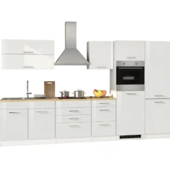 Küchenzeile Ragnar 350cm mit Kühl-Gefrierkombination und Backofen - Hochglanz weiß