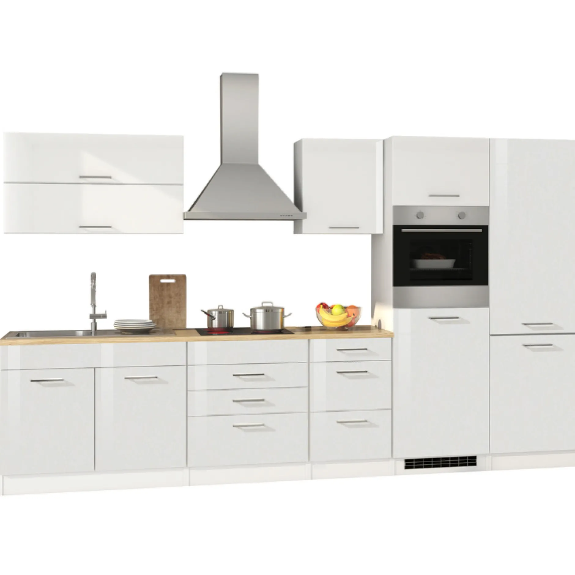 Küchenzeile Ragnar 350cm mit Kühl-Gefrierkombination und Backofen - Hochglanz weiß