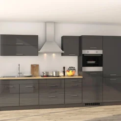 Küchenzeile Ragnar 350cm mit Kühl-Gefrierkombination und Backofen - Hochglanz anthrazit