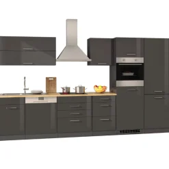 Küchenzeile Ragnar 360cm mit Kühl-Gefrierkombination, Backofen und Geschirrspüler - Hochglanz anthrazit