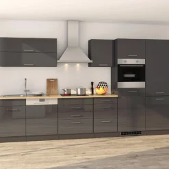 Küchenzeile Ragnar 360cm mit Kühl-Gefrierkombination, Backofen und Geschirrspüler - Hochglanz anthrazit