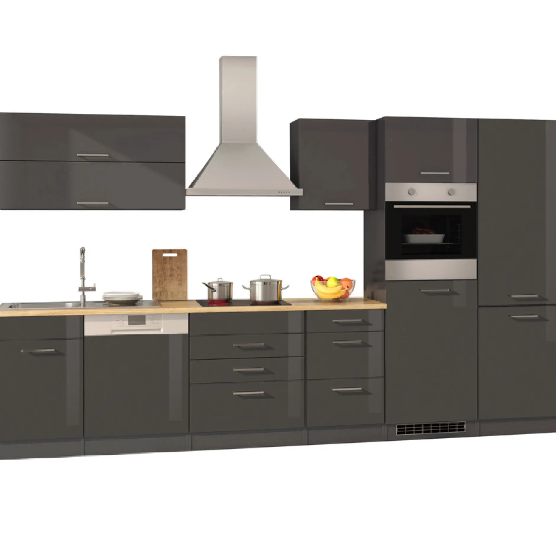 Küchenzeile Ragnar 360cm mit Kühl-Gefrierkombination, Backofen und Geschirrspüler - Hochglanz anthrazit
