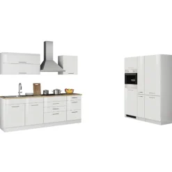 Küchenzeile Ragnar 380cm mit Kühl-Gefrierkombination und Backofen - Hochglanz weiß