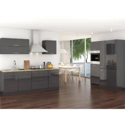 Küchenzeile Ragnar 380cm mit Kühl-Gefrierkombination und Backofen - Hochglanz anthrazit