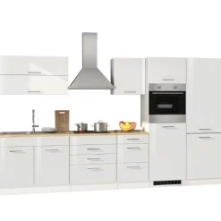 Küchenzeile Ragnar 350cm mit Kühl-Gefrierkombination und Backofen - Hochglanz weiß