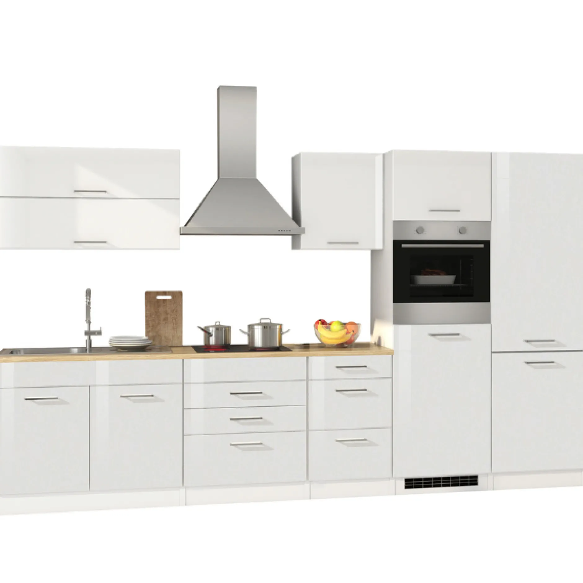 Küchenzeile Ragnar 350cm mit Kühl-Gefrierkombination und Backofen - Hochglanz weiß