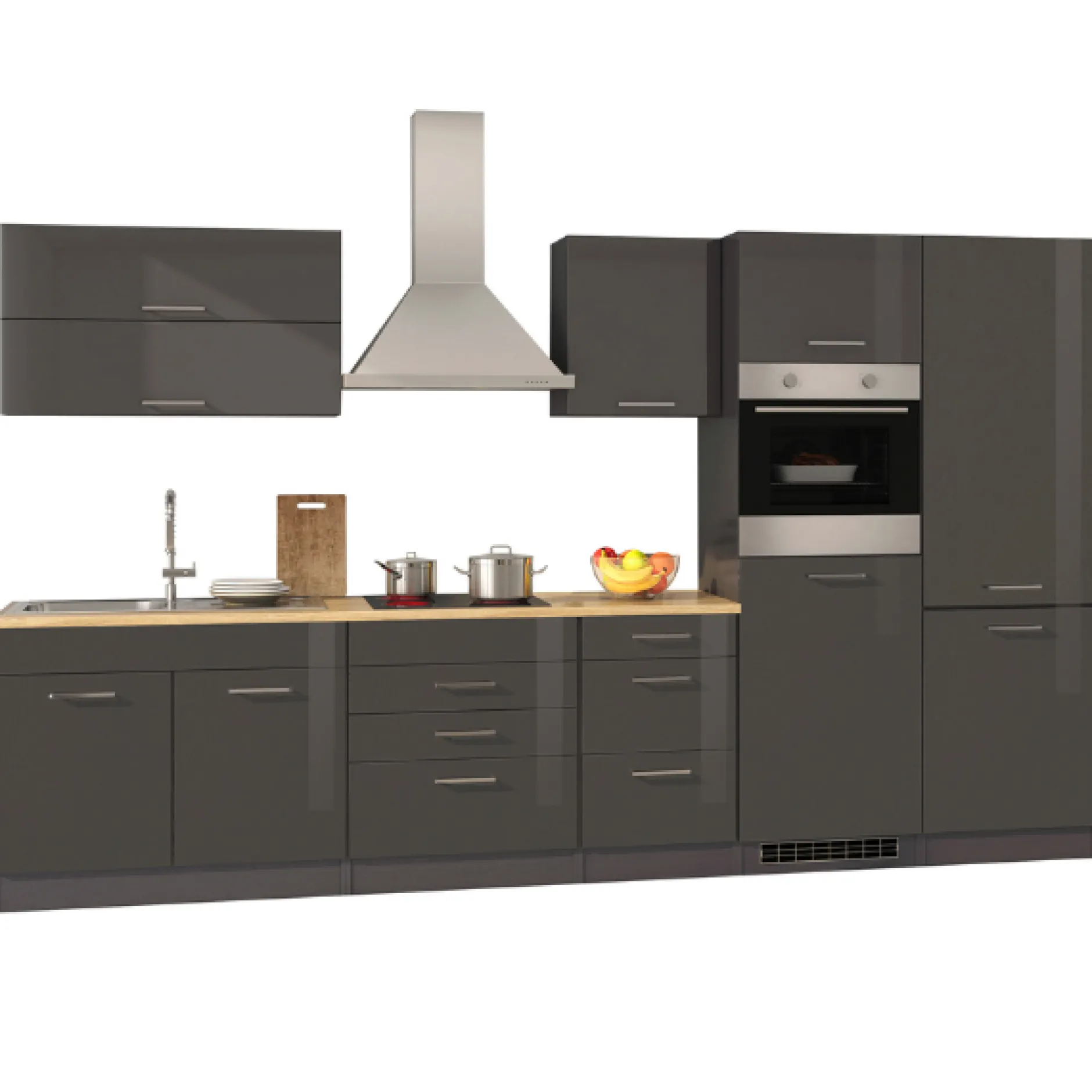 Küchenzeile Ragnar 350cm mit Kühl-Gefrierkombination und Backofen - Hochglanz anthrazit