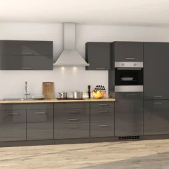 Küchenzeile Ragnar 350cm mit Kühl-Gefrierkombination und Backofen - Hochglanz anthrazit