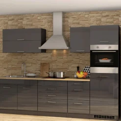 Küchenzeile Ragnar 290cm mit Kühlschrank und Backofen - Hochglanz anthrazit
