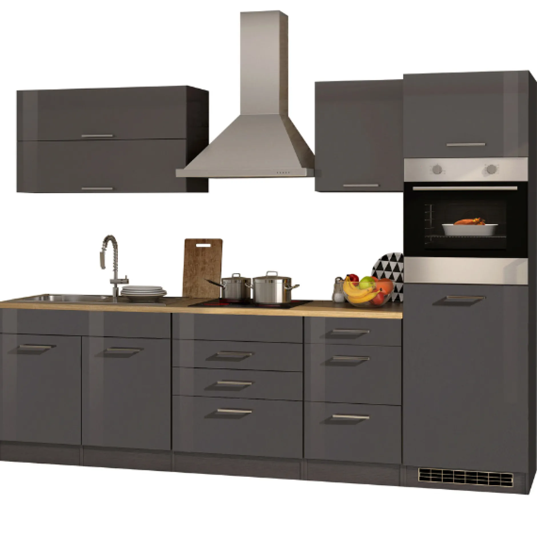 Küchenzeile Ragnar 290cm mit Kühlschrank und Backofen - Hochglanz anthrazit