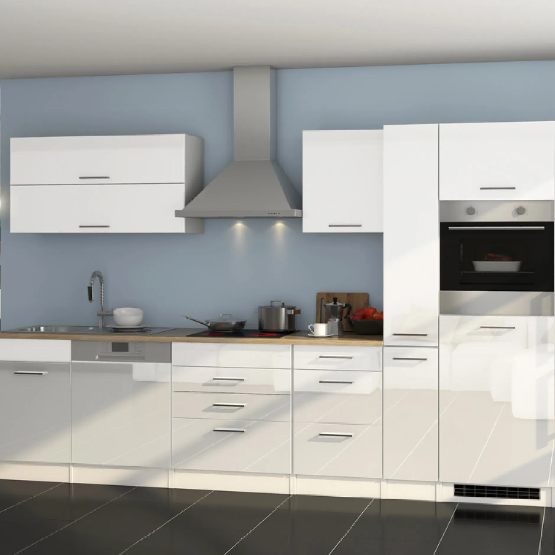 Küchenzeile Ragnar 330cm mit Kühlschrank, Backofen und Geschirrspüler - hochglänzend weiß