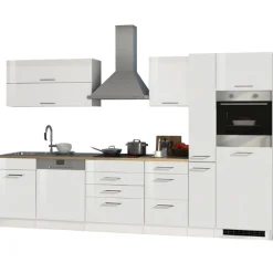 Küchenzeile Ragnar 330cm mit Kühlschrank, Backofen und Geschirrspüler - hochglänzend weiß