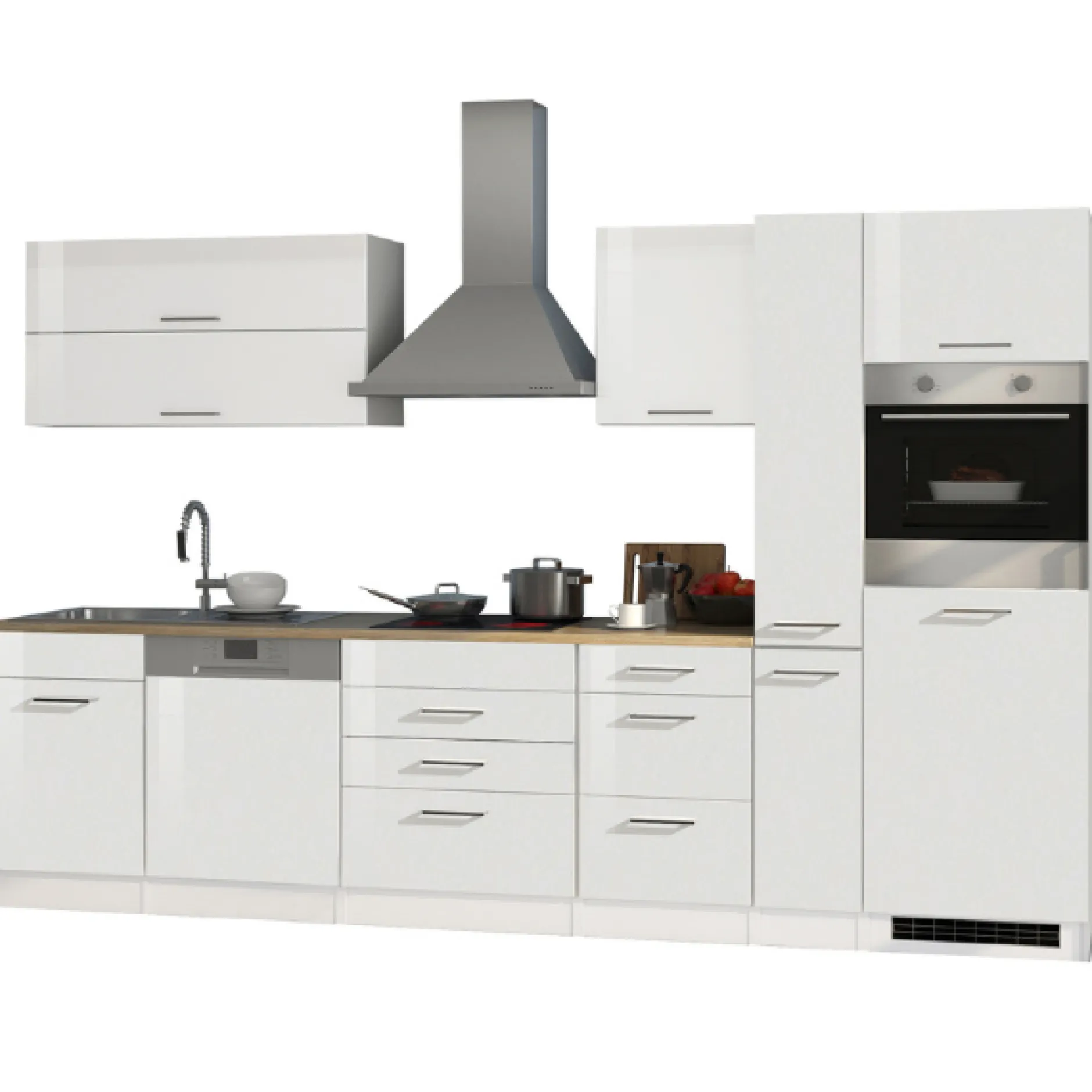 Küchenzeile Ragnar 330cm mit Kühlschrank, Backofen und Geschirrspüler - hochglänzend weiß