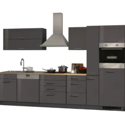 Küchenzeile Ragnar 330cm mit Kühlschrank, Backofen und Geschirrspüler - Hochglanz anthrazit