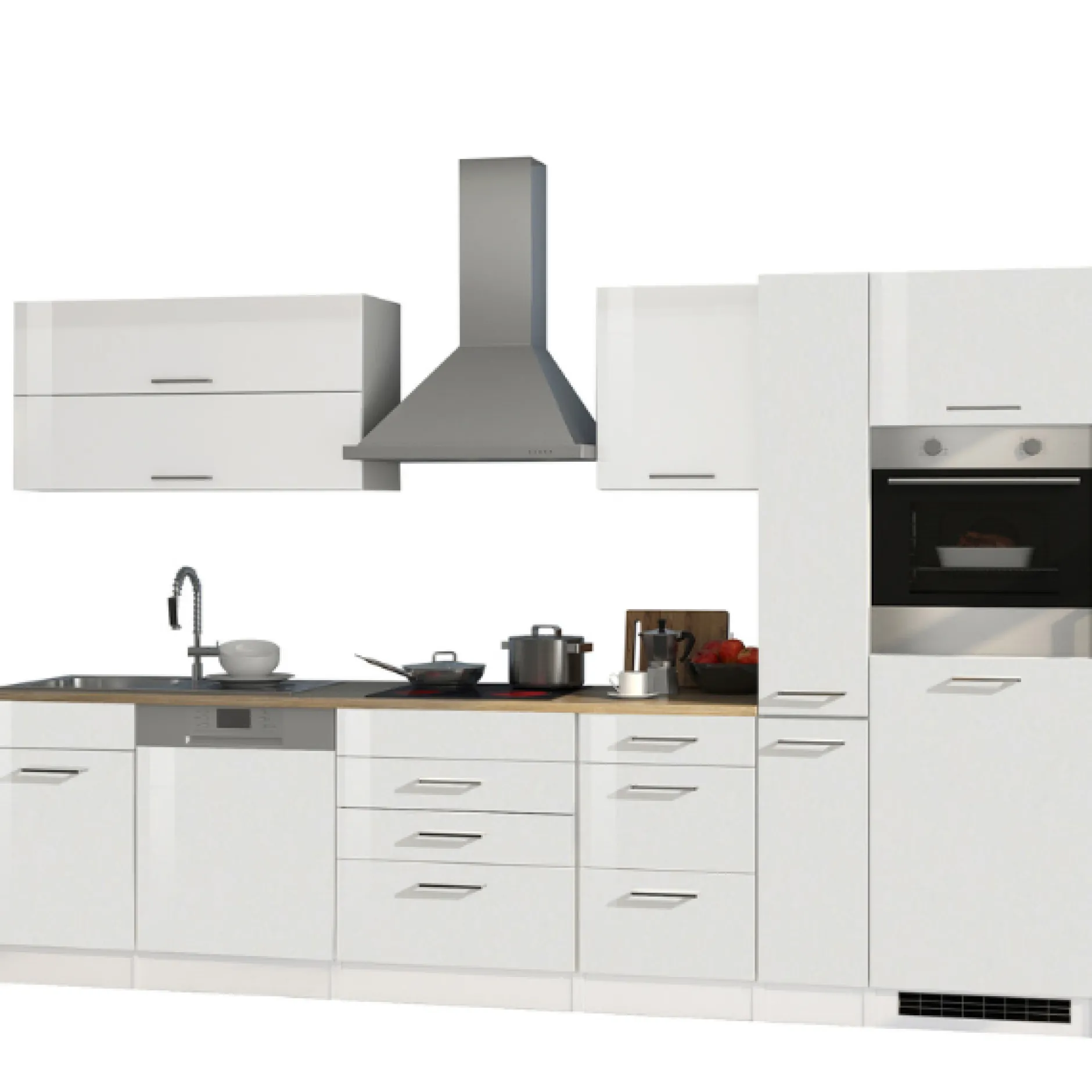 Küchenzeile Ragnar 330cm mit Kühlschrank, Backofen und Geschirrspüler - hochglänzend weiß