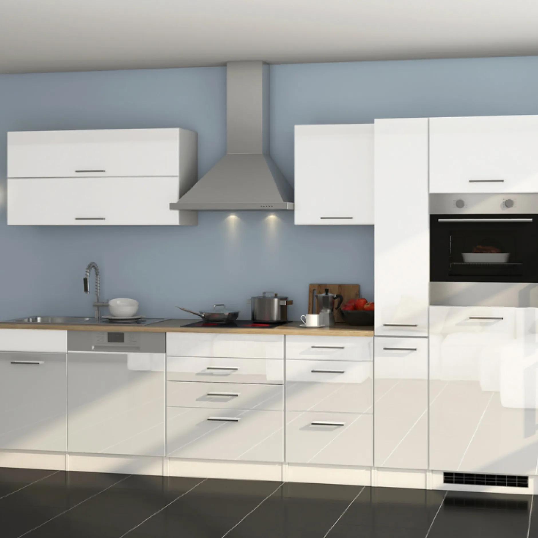 Küchenzeile Ragnar 330cm mit Kühlschrank, Backofen und Geschirrspüler - hochglänzend weiß