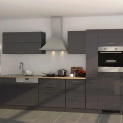 Küchenzeile Ragnar 330cm mit Kühlschrank, Backofen und Geschirrspüler - Hochglanz anthrazit