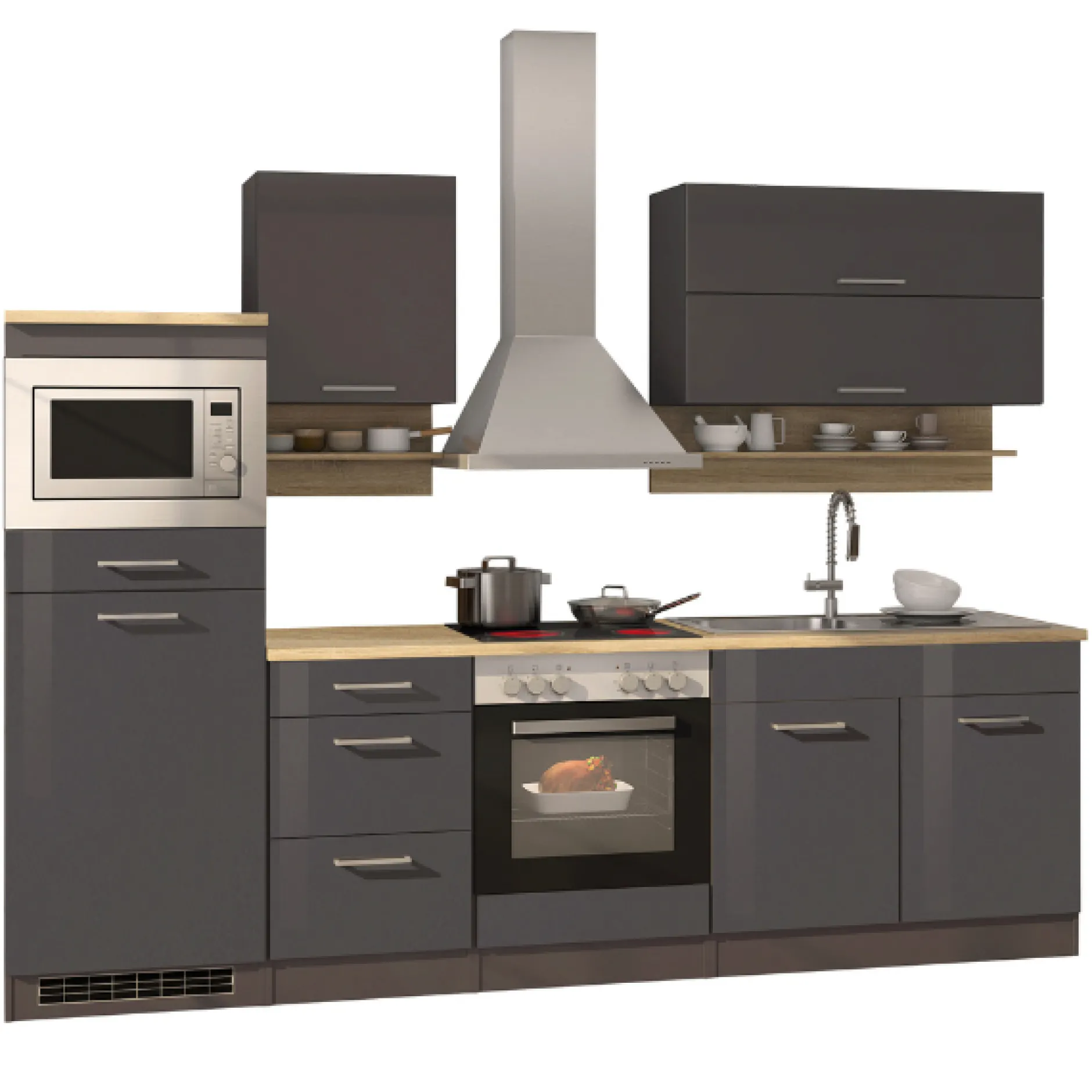 Küchenzeile Ragnar 270cm mit Mikrowelle, Kühlschrank und Backofen - Hochglanz anthrazit