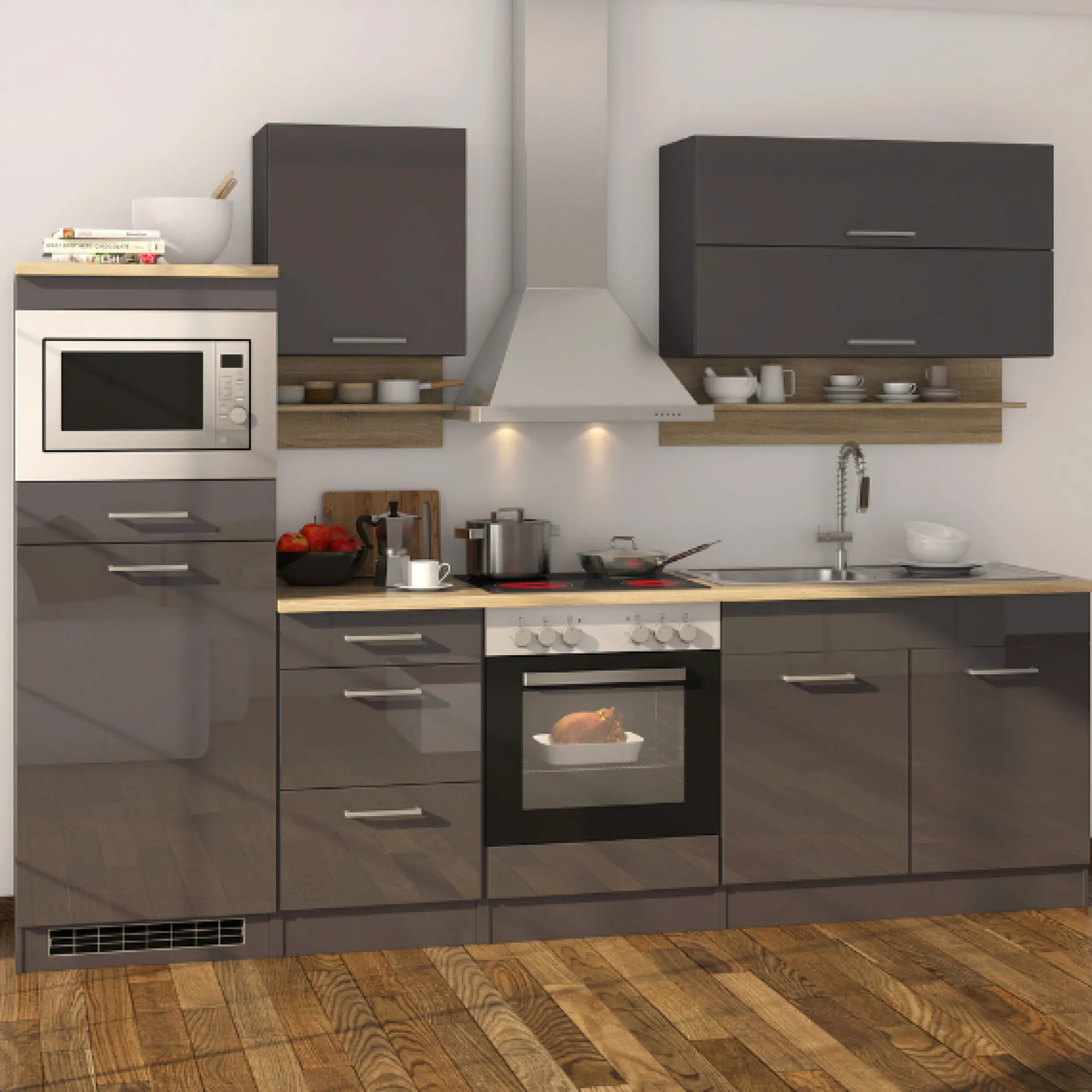 Küchenzeile Ragnar 270cm mit Mikrowelle, Kühlschrank und Backofen - Hochglanz anthrazit