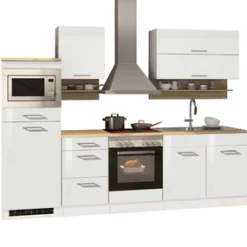 Küchenzeile Ragnar 270cm mit Mikrowelle, Kühlschrank und Backofen - Hochglanz weiß