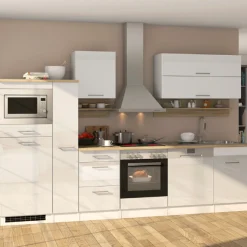 Küchenzeile Ragnar 310cm mit Mikrowelle, Kühlschrank, Backofen und Geschirrspüler - hochglänzend weiß