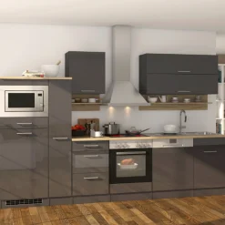 Küchenzeile Ragnar 310cm mit Mikrowelle, Kühlschrank, Backofen und Geschirrspüler - anthrazit hochglanz