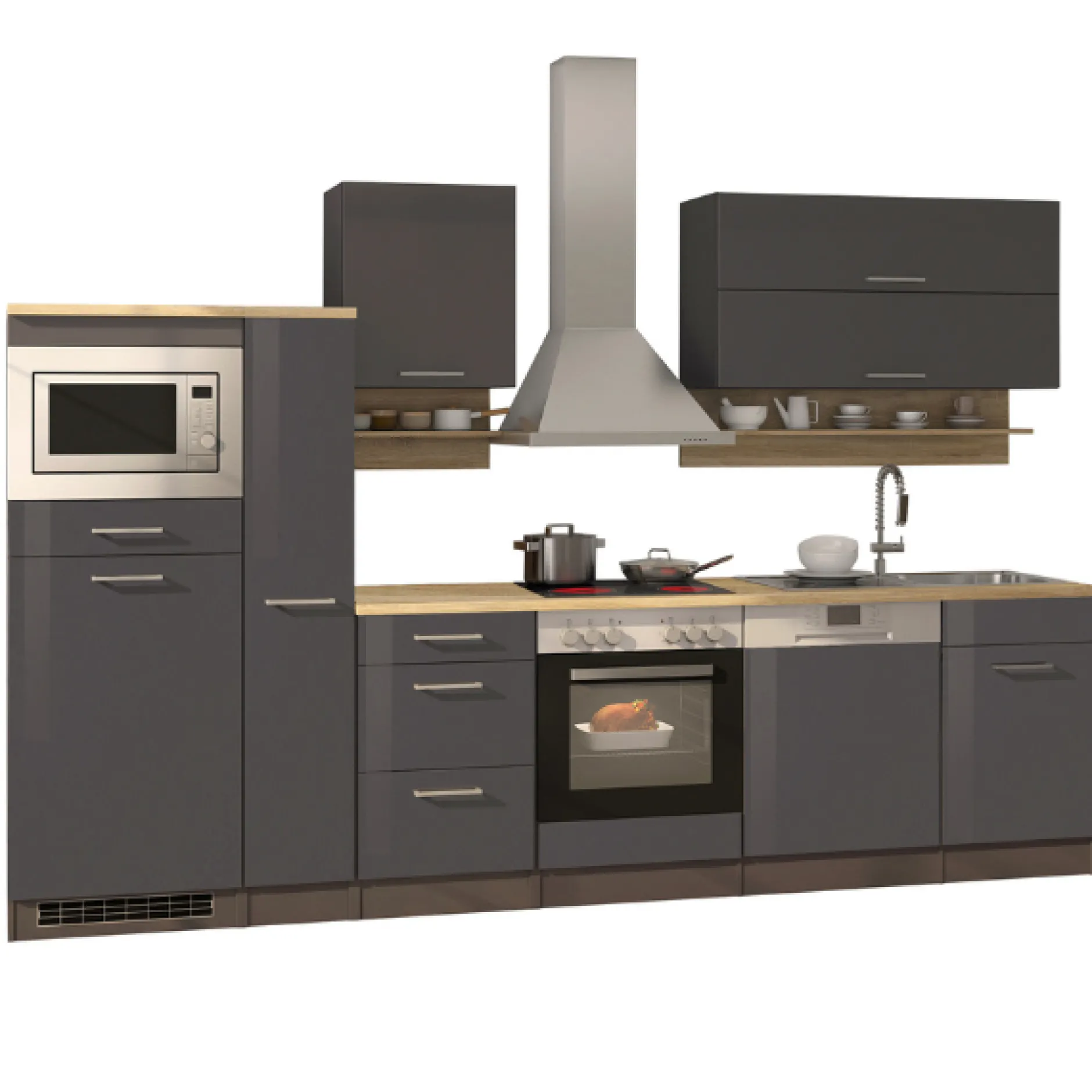 Küchenzeile Ragnar 310cm mit Mikrowelle, Kühlschrank, Backofen und Geschirrspüler - anthrazit hochglanz