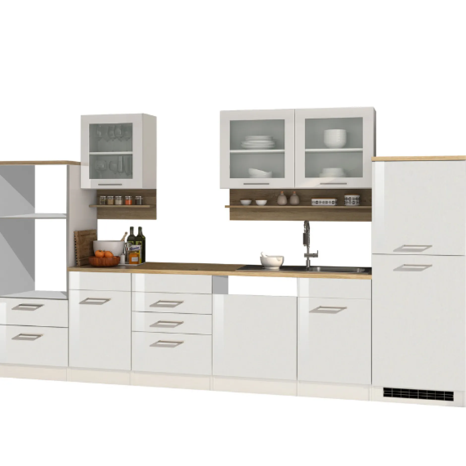 Küchenzeile Ragnar 340cm mit Platz für Backofen, Mikrowelle, Geschirrspüler und Kühlschrank - hochglänzend weiß