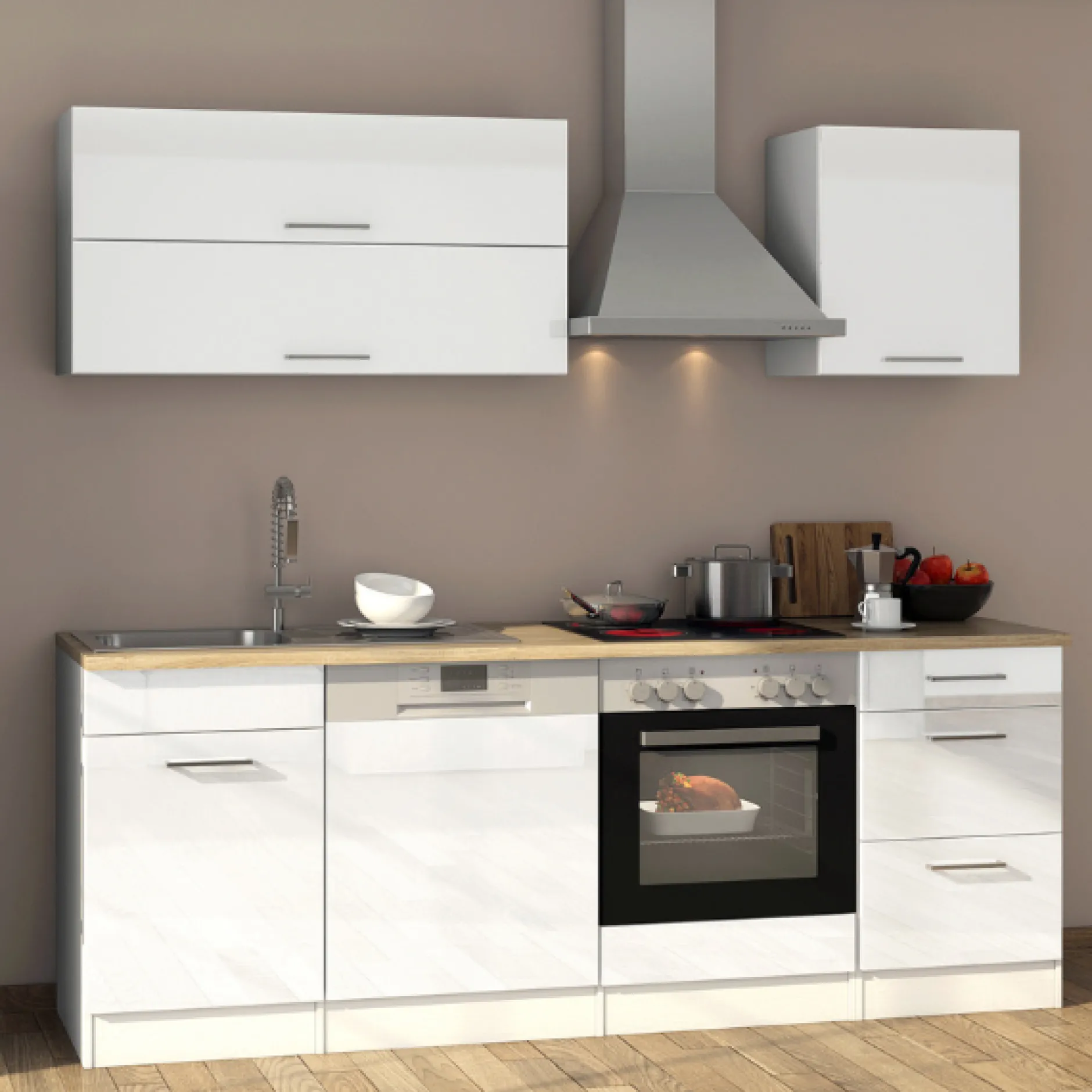Küchenzeile Ragnar 220cm mit Platz für Backofen und Geschirrspüler - hochglänzend weiß