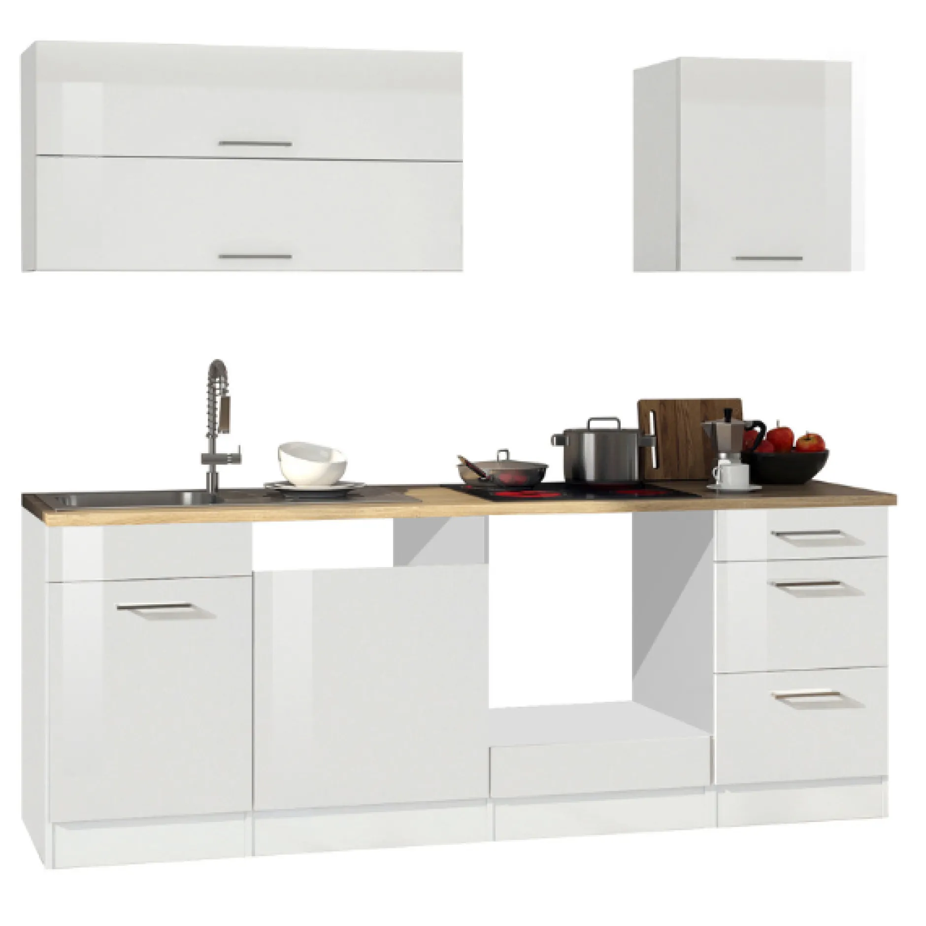 Küchenzeile Ragnar 220cm mit Platz für Backofen und Geschirrspüler - hochglänzend weiß