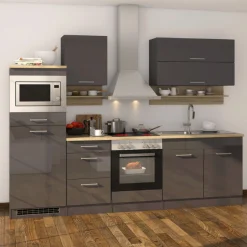 Küchenzeile Ragnar 270cm mit Platz für Mikrowelle, Kühlschrank und Backofen - Hochglanz anthrazit