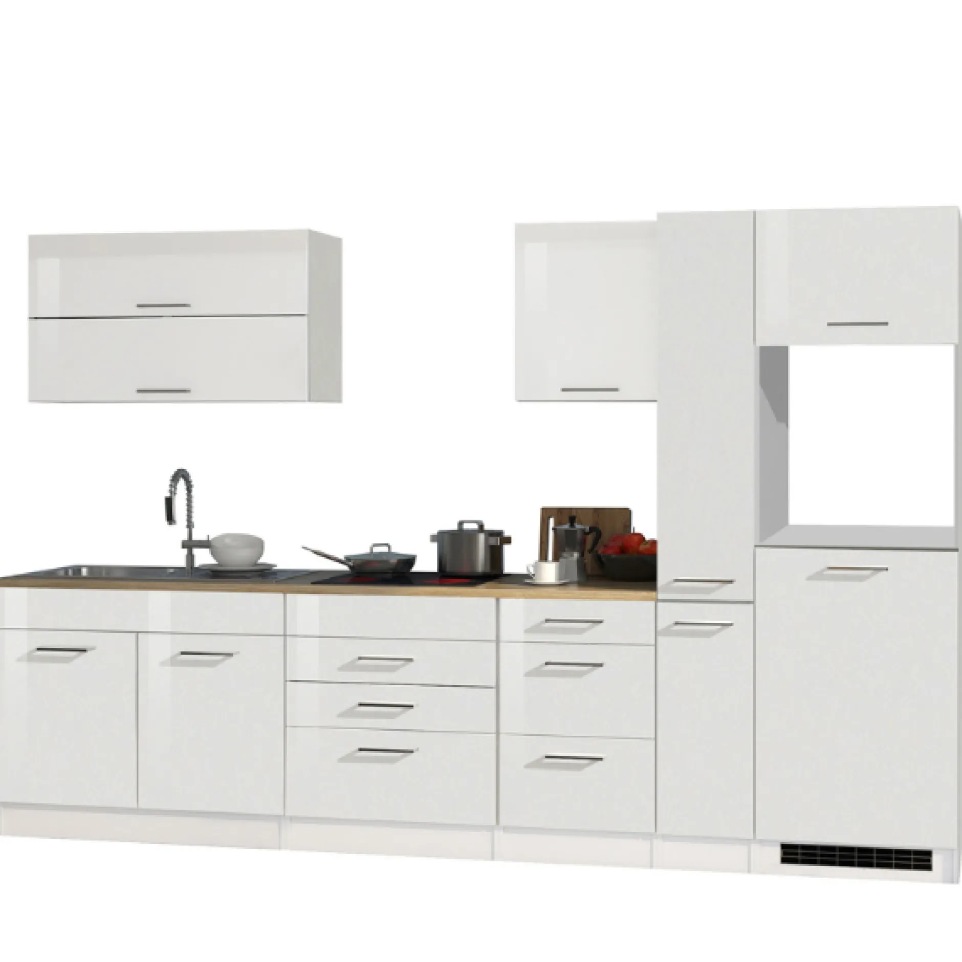 Küchenzeile Ragnar 320cm mit Platz für Kühlschrank und Backofen - hochglänzend weiß